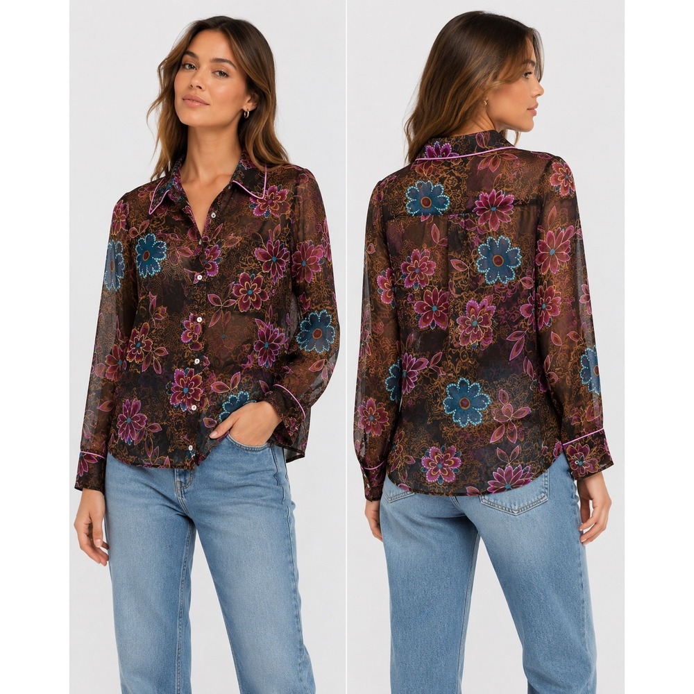 Crazy Horse Sheer Blouse Women 16 Brown Floral Paisley Button Up Whimsigoth Top
